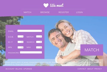 Dating site mockup is showing against sunny sky, featuring smiling couple and purple form panels © vectorfusionart