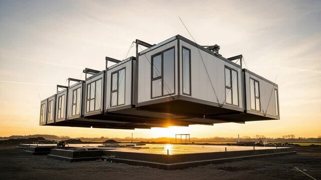 Modern container house floating above ground during sunset.