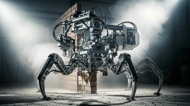 A robot spider stands near brick wall in a smoky industrial setting.