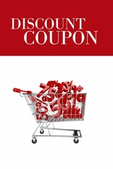 Flat design is featuring shopping cart filled with red 3D discount coupons under header banner