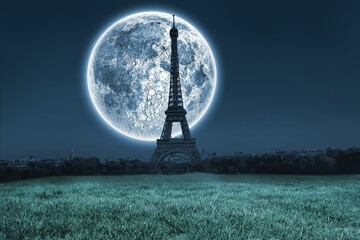 Digital composite of Large moon over paris