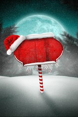 Decorative red wooden sign is standing in winter flat design with candy cane pole, Santa hat