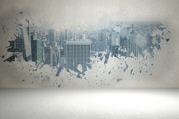Abstract city skyline artwork is being shown in flat illustration studio space, with paint splatter