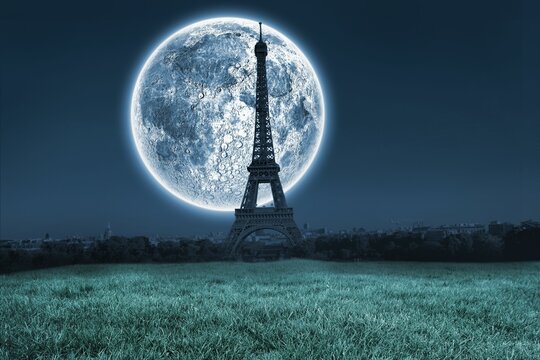 Fototapeta Digital composite of Large moon over paris
