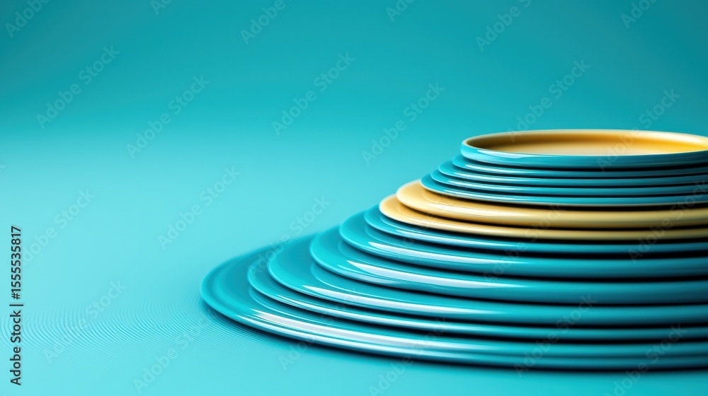Poster textured teal surface subtle variations concept. stacked plates in vibrant colors on a blue backgrou