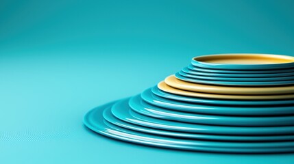 textured teal surface subtle variations concept. Stacked plates in vibrant colors on a blue background.