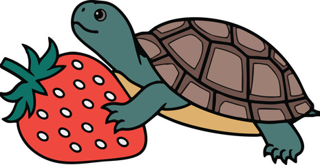 Cartoon Turtle with Strawberry - Vector Illustration