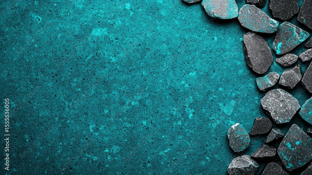Poster textured teal surface subtle variations concept. textured turquoise surface with scattered stones on