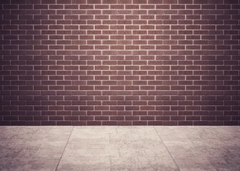 Maroon brick wall and gray tiled floor are being shown in flat design studio scene
