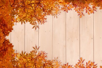 Flat design is showing light wooden plank surface with orange autumn leaves and thin branches