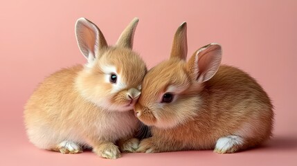 Obraz premium Two Adorable Brown Rabbits Cuddling Together on a Soft Pink Background