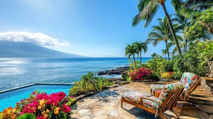 Naklejka premium Oceanfront patio with swimming pool and tropical landscaping.