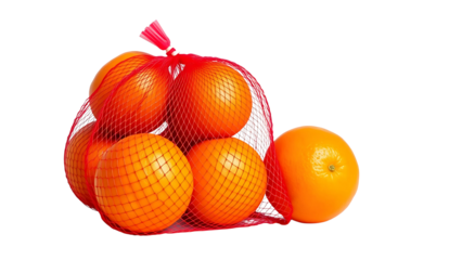 Oranges in Red Mesh Bag - Fresh Citrus Fruits - Healthy Produce Isolated transparent background 