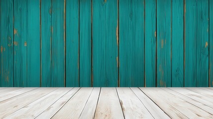 Naklejka premium textured teal surface subtle variations concept. Vibrant turquoise wooden wall with light wooden floor.