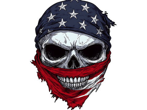 Intense american skull with eyes obscured by a usa independence day flag bandana, a powerful and symbolic image
