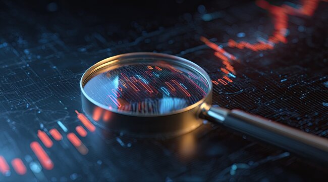 Magnifying glass focused on abstract financial data - Powered by Adobe