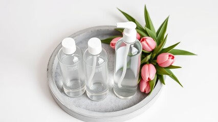 plastic bottle with white cap and pink tulip