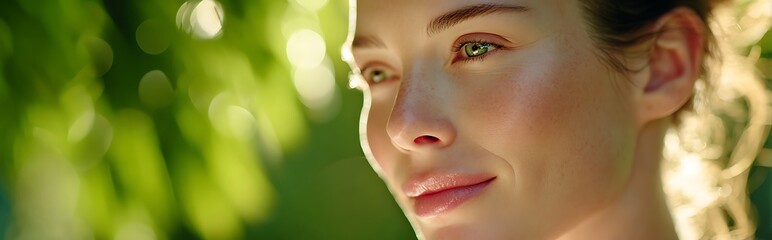 Beautiful young woman with flawless skin and natural makeup, head and shoulders portrait with soft diffused spa lighting and blurred green foliage background, serene and relaxing atmosphere.

