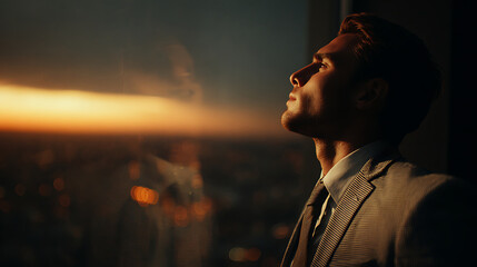 Confident professional businessman in tailored suit posing for upper body portrait against glass window with cityscape bokeh and rim lighting, corporate atmosphere and success concept.