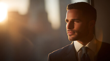 Confident professional businessman in tailored suit posing for upper body portrait against glass window with cityscape bokeh and rim lighting, corporate atmosphere and success concept.