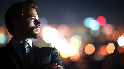 Confident professional businessman in tailored suit posing for upper body portrait against glass window with cityscape bokeh and rim lighting, corporate atmosphere and success concept.