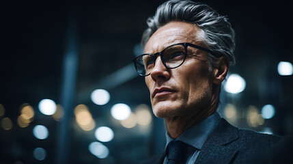 Confident professional businessman in tailored suit posing for upper body portrait against glass window with cityscape bokeh and rim lighting, corporate atmosphere and success concept.
