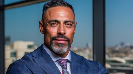 Confident professional businessman in tailored suit posing for upper body portrait against glass window with cityscape bokeh and rim lighting, corporate atmosphere and success concept.