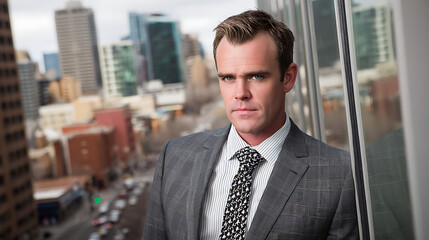 Confident professional businessman in tailored suit posing for upper body portrait against glass window with cityscape bokeh and rim lighting, corporate atmosphere and success concept.