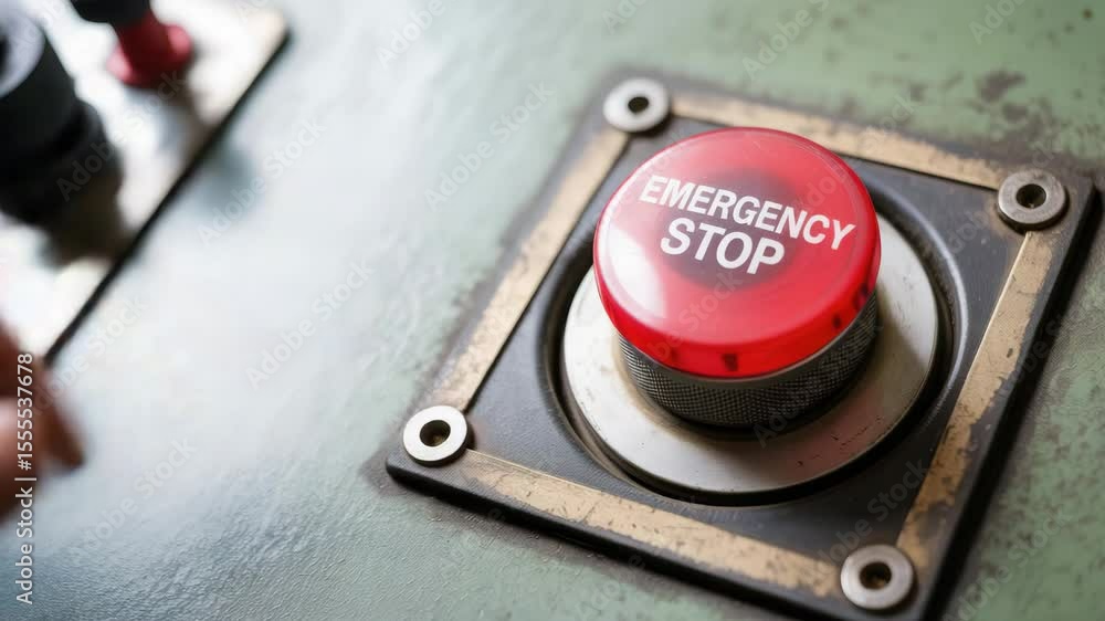 Poster emergency stop button pressed by hand in industrial power plant for safety control power shutdown pr