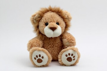 Plush lion toy sits upright paws forward showcasing soft fur and detailed paw prints against a plain white backdrop