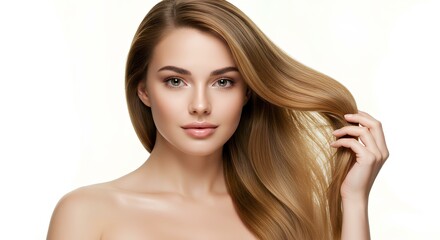 A woman with flawless skin and shiny hair poses gracefully while touching her smooth, golden locks.
