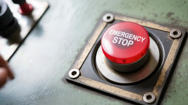 Emergency stop button pressed by hand in industrial power plant for safety control power shutdown preventing hazards and ensuring quick response