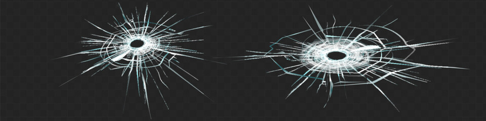 Broken glass triple bullet holes in glass isolated on black