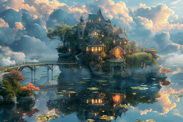 Surreal floating islands with whimsical architecture, glowing bridges, and dreamy clouds in a magical sky world.