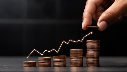 Hand placing coin on stack of coins forming a rising graph