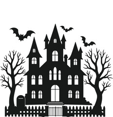 Spooky haunted mansion silhouette with bats and bare trees for halloween