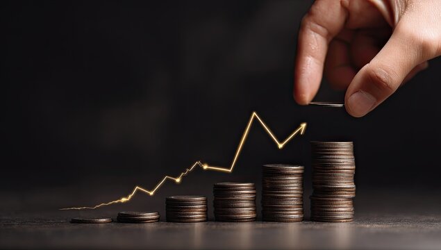 Hand placing coin on a growing stack of coins