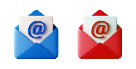 A blue and red email icon with an open envelope isolated on a transparent background 