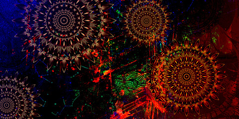 Mystical Mandala Background – Intricate Bohemian Art for Meditation, Tattoo, and Decor, colorful vintage art, ancient Indian vedic background design, old painting texture with  mathematical shapes