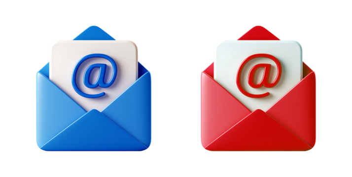 A blue and red email icon with an open envelope isolated on a transparent background 