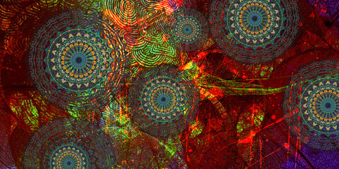 Mystical Mandala Background – Intricate Bohemian Art for Meditation, Tattoo, and Decor, colorful vintage art, ancient Indian vedic background design, old painting texture with  mathematical shapes