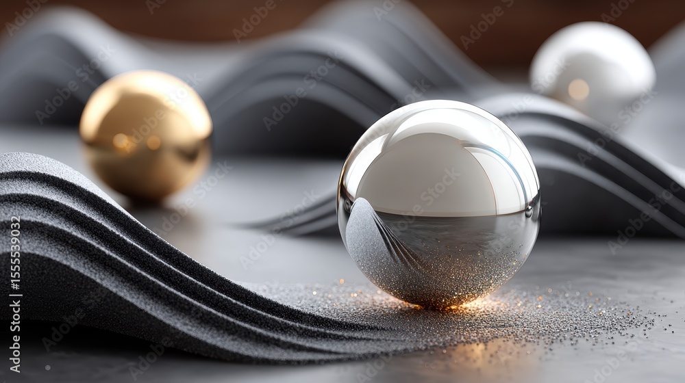 Poster reflective silver and gold spheres on textured gray surface abstract 3d rendering