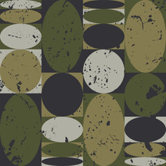 Dirty shabby squares and round camouflage geometric texture. Camo with circle pattern, green khaki color. Seamless vector old worn background