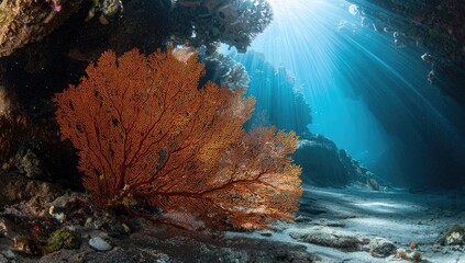 Underwater coral cave with vibrant sea fan