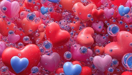 A vibrant, 3D rendering of many hearts and bubbles