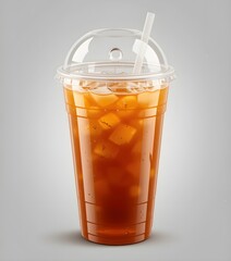 Iced tea in a clear plastic cup with a dome lid and a straw on a gray background studio shot