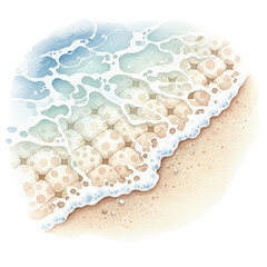 Gentle Waters Edge: Artistic illustration of ocean waves gently caressing a sandy beach. Soft pastel hues create a serene atmosphere.