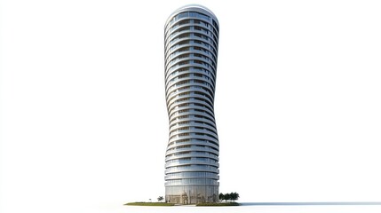 A tall, slender, silver residential tower with a twisting, curved design stands against a white background, surrounded by minimal landscaping