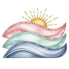 Pastel Ocean Sunset: A serene watercolor illustration of pastel-colored waves gently rolling under a warm, radiant sun. Evokes calmness and tranquility.