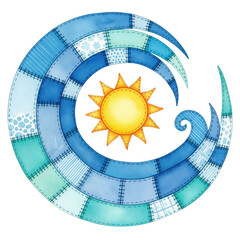 Quilt Wave and Sunshine: A vibrant watercolor illustration of a patchwork quilt depicting a stylized wave embracing a radiant sun, celebrating the artistry of nature.